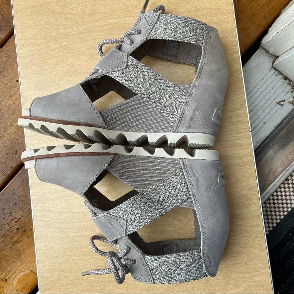 Sorel Wm’s Joanie Lace Up Leather & Canvas Wedge Sandals In Gray Sz 8 - Picture 10 of 16